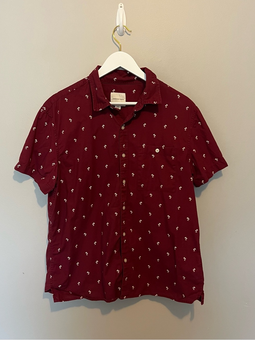 Men's Short-Sleeve Button-Up Shirt in Burgundy with Palm Print